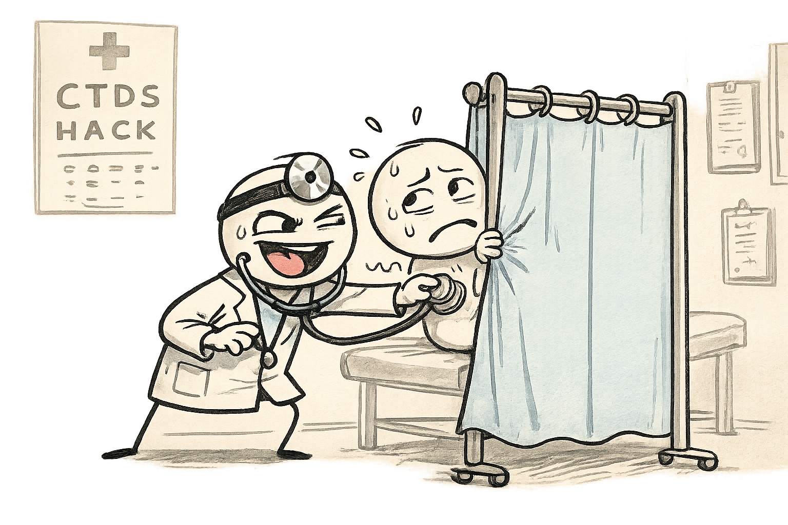 A fake clinic doctor examining a nervous patient behind a medical curtain.